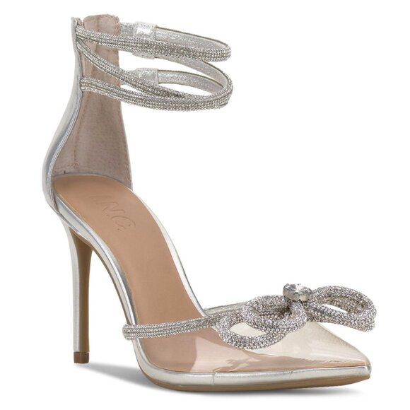 INC Laynea Silver Translucent Ankle Straps Embellished Bow Stiletto Pumps Sz 9.5 - Picture 1 of 9